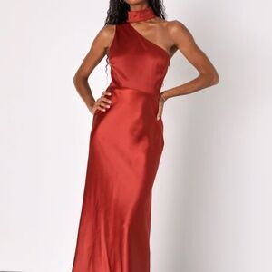 Lulus Rust Satin Asymmetrical Halter Maxi Dress